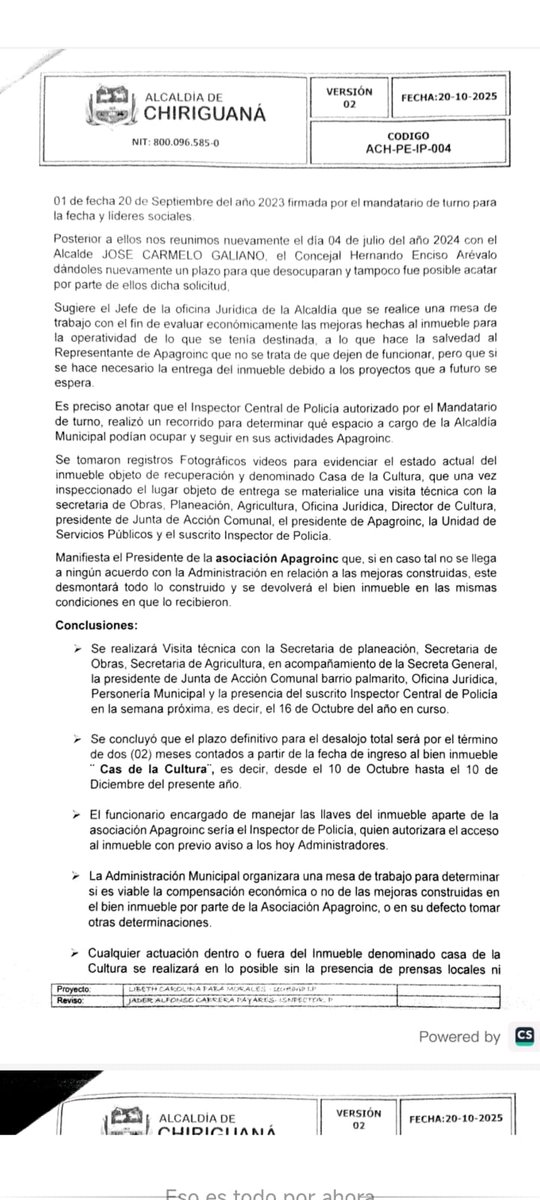 <a href="/TiempodelaGente/">Alcaldía de Chiriguaná</a> El próximo martes, 10 de diciembre de 2025, vence el plazo para que el edificio de "La casa de la cultura" de <a href="/ChiriguanaCes/">Chiriguana</a> regrese al resorte del municipio. Este inmueble había sido cedido a APAGROINC.