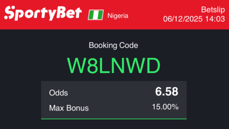 Dynast_Picks's tweet image. QCGSTJ ⚽️
W8LNWD ⚽️
R6MUXJ ⚽️

@RealSuzzane @Timmyofdelta @officialmoore7 @LogikbetX @Yrnpoka @ibadanpikin0 @boomonmymind 
#Sportybet #winningteam #SportyFM #SportyCommunity
