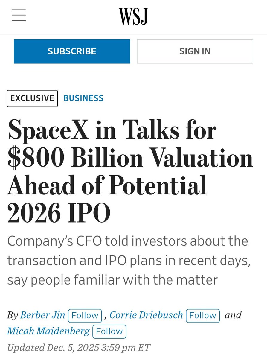Oggi il WSJ spara che SpaceX starebbe per quotarsi un borsa. Grande enfasi sulla quotazione: sarebbe di 800 miliardi (diverrebbe la società americana di maggior valore, superando OpenAI).
 Ma il punto è: davvero "chiunque" potrebbe diventare azionista? Anche "i cinesi"? 
(39n)