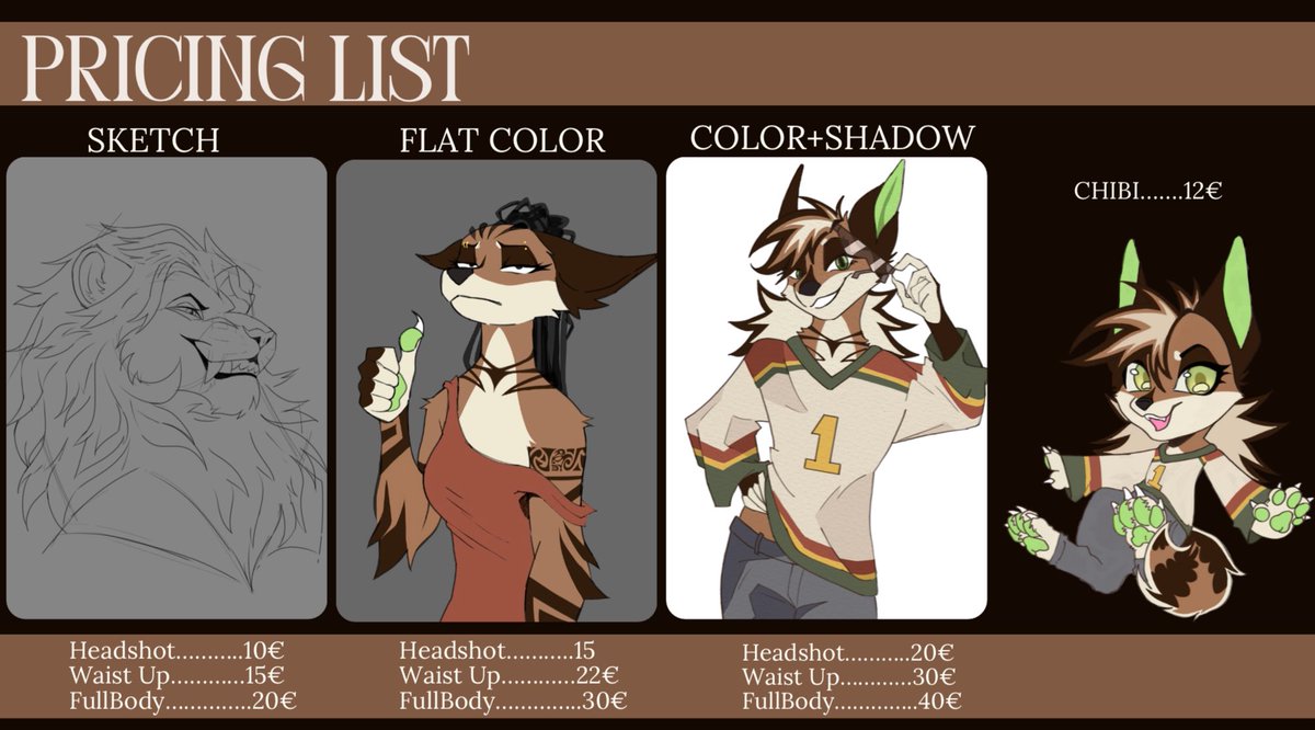 _mintypep's tweet image. Here’s the pricing guide for my commissions!🤎
#furryart #commissionopen #furryfandom