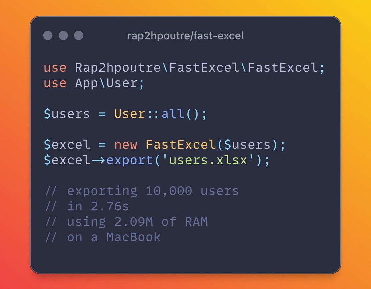 mmartin_joo's tweet image. this package will save you if you need to export a large amount of data

it exports 10,000 rows in 3 seconds using less than 3MB of memory

the best when it comes to performance

meet rap2hpoutre/fast-excel