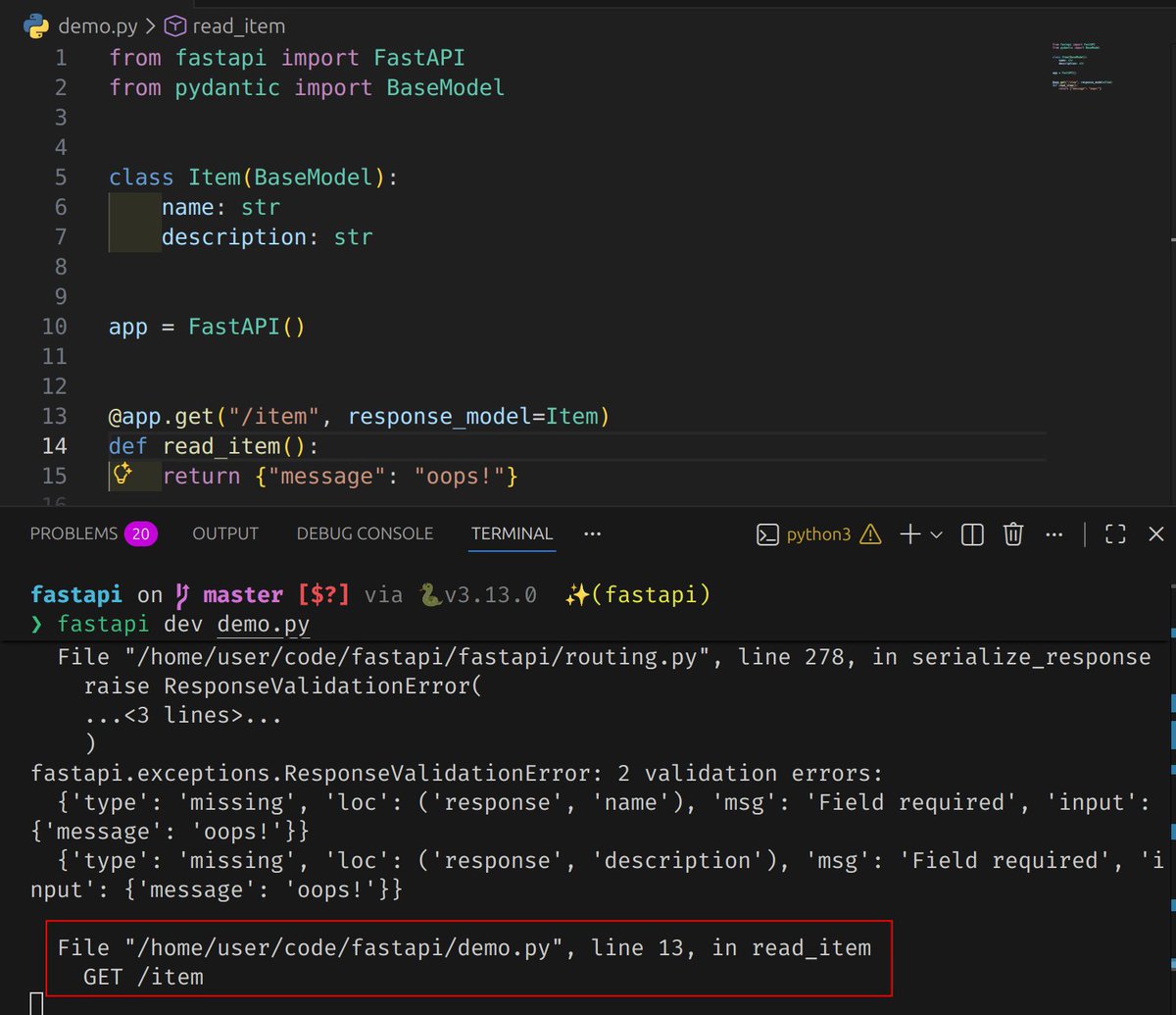 FastAPI's tweet image. FastAPI 0.124.0 comes with better server error tracebacks. ✨

Before, if the app sent invalid data back, the server error logs would not show where the problem was. 😔

Now it shows the (clickable) file, line, function, and path operation. 📢

Thanks @savostrowski! 🙌