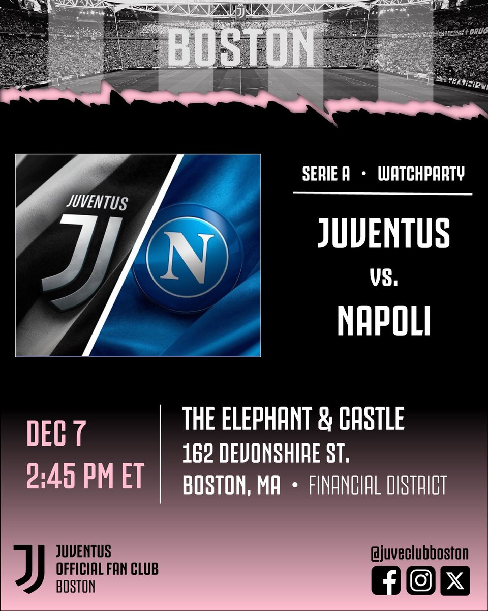 JuveClubBoston's tweet photo. Winter is here? No problem, warm up with us at the Elephant and Castle tomorrow! A must win game to get back in the title race. #SerieA #NapoliJuve #JOFCBoston https://t.co/bOtAuzQJuE
