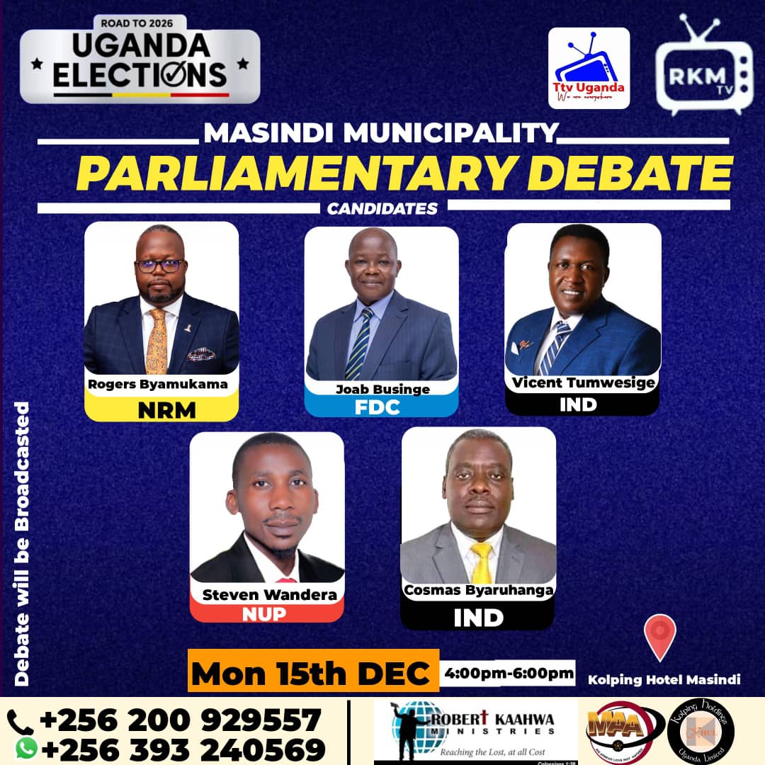 MASINDI MUNICIPALITY PARLIAMENTARY DEBATE!  
#TtvUganda
15th December 2025, Monday. 
(4:00pm to 6:00pm)

Moderators: 
1-Dorothy Nyambubi 
2-Hillary Kabandize 
3- Guest Moderator

For more call us 
0200929557 or 0393240569