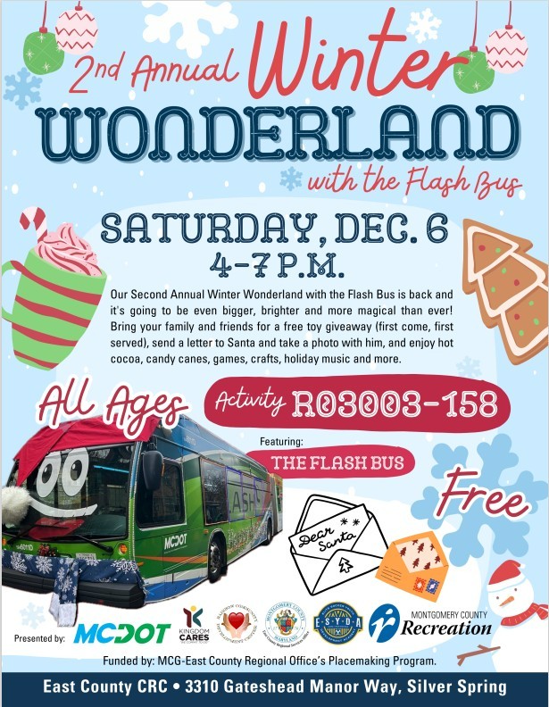 MCDOTNow's tweet photo. 🎄Happening TODAY🎄
Don't miss your opportunity to see the #RideTheFlash Holiday Bus! 🤩This is a #FREE event!🤩
📍East County Community Recreation Center 3310 Gateshead Manor Way, #SilverSpringMD 20904
@MoCoRec #RideTheFlash @MontgomeryCoMD #HolidaySeason #WonderLand https://t.co/OvqgNRZ8uh