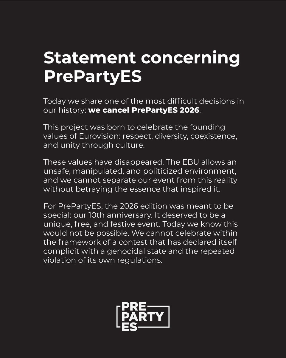 eurospaincom's tweet image. Comunicado sobre la #PrePartyES26

ℹ️ eurovision-spain.com/se-cancela-pre…