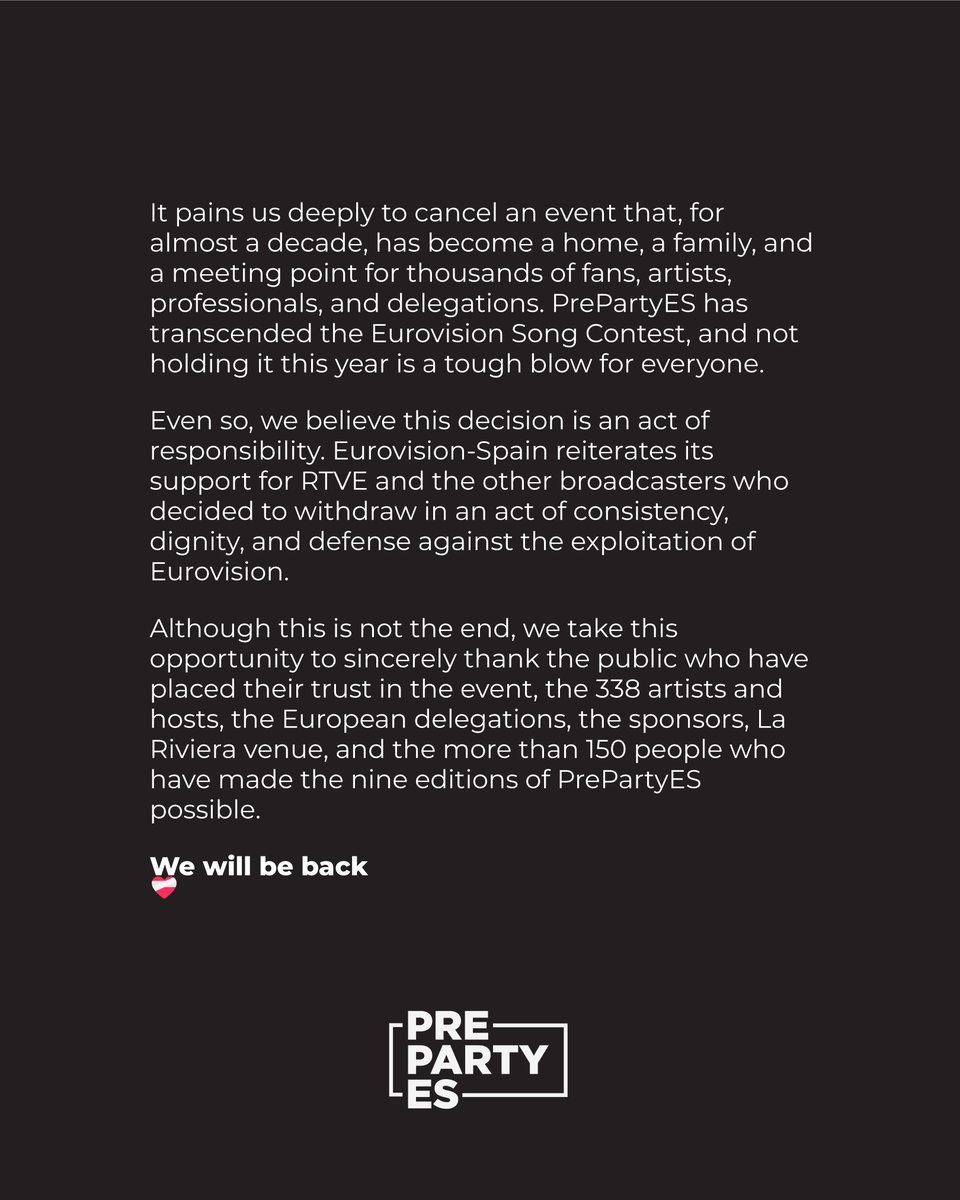 eurospaincom's tweet image. Comunicado sobre la #PrePartyES26

ℹ️ eurovision-spain.com/se-cancela-pre…