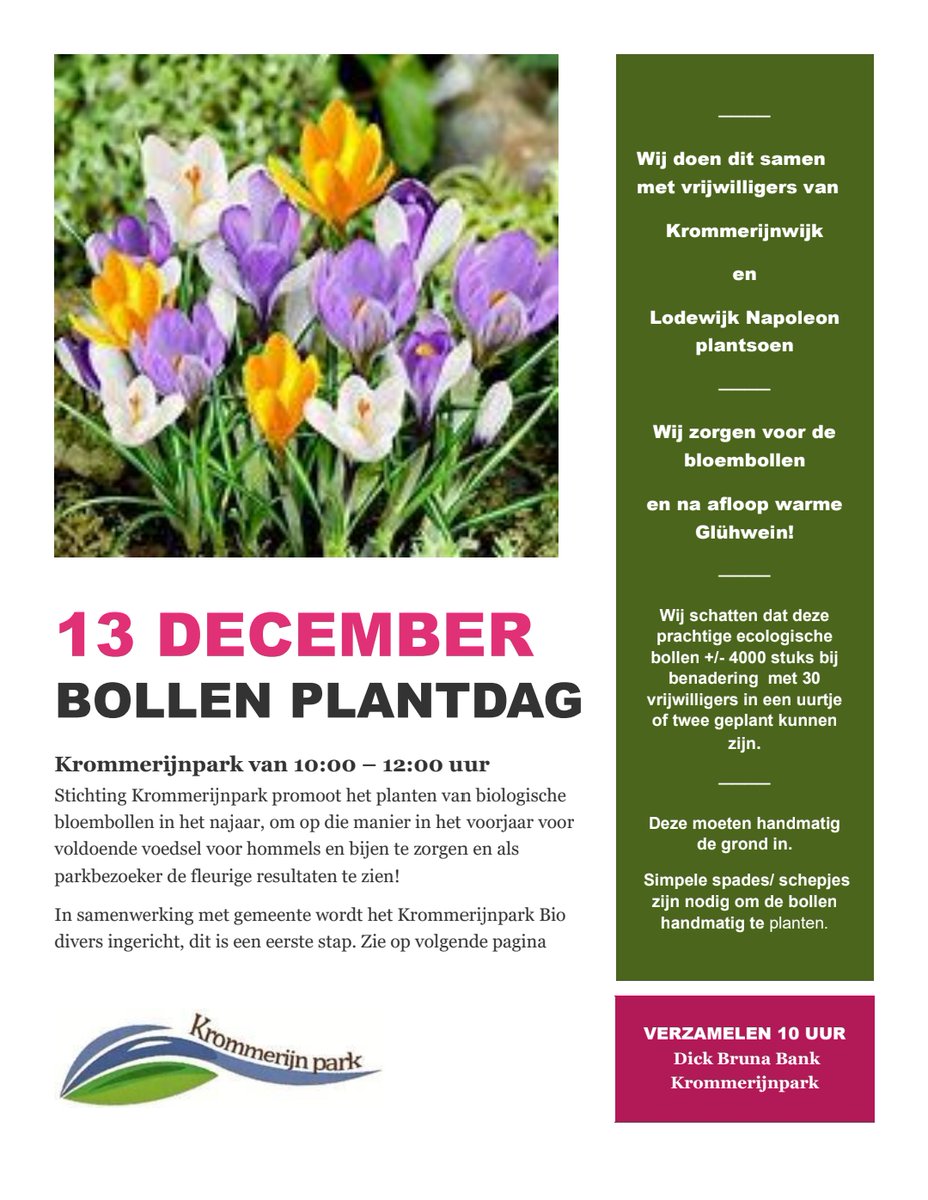 Zaterdag 13 december zijn er twee acties in/rond Krommerijnpark:

1) Zwerfafvalactie 
Verzamelpunt: Rode Kruisgebouw. Svp handschoenen meebrengen.

2) Bollen plantdag 
Verzamelpunt: Dick Bruna bankje in park. Svp schepjes meebrengen.

Beide acties starten 10.00 uur.

Doe je mee?