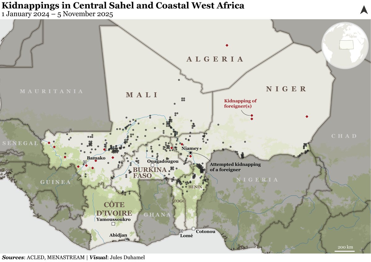 🗺️ Map of kidnappings in Central #Sahel and Coastal West Africa.

According to <a href="/MENASTREAM/">MENASTREAM</a>, "more than 40 foreign nationals have been kidnapped across the region since the start of 2025".