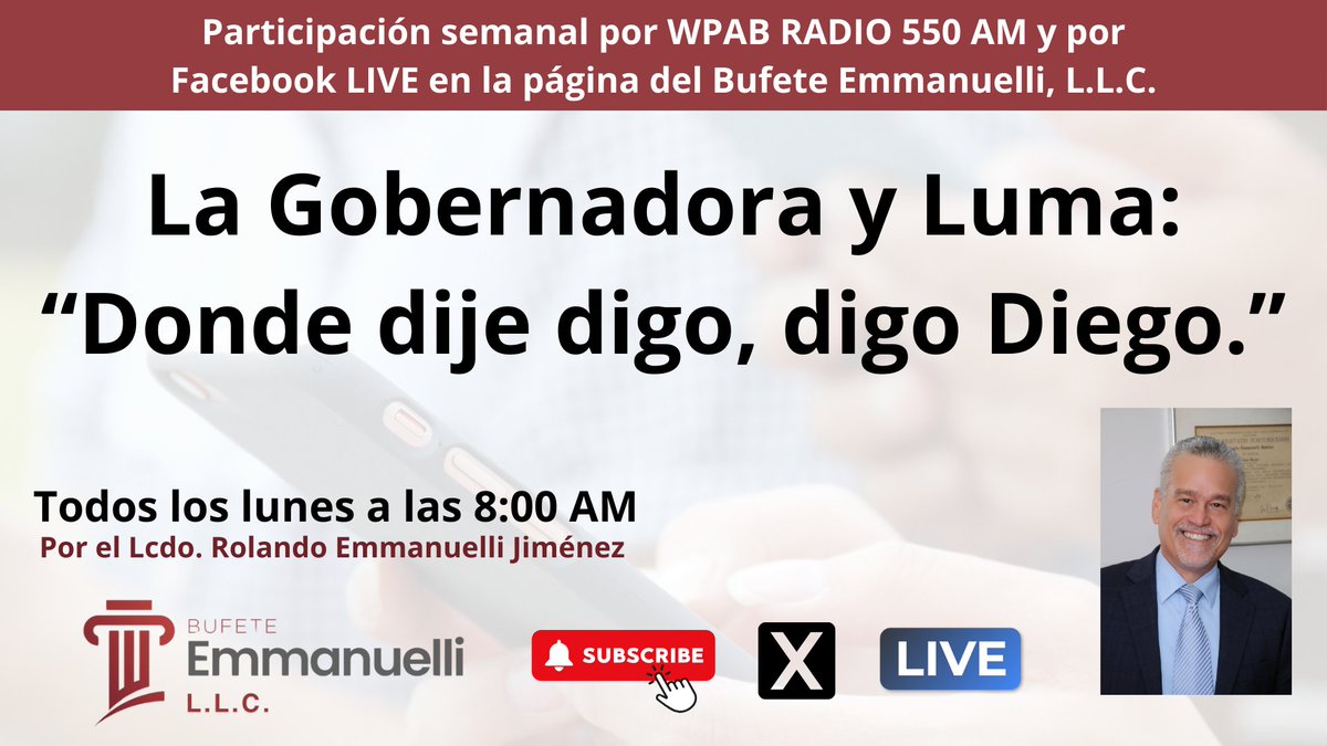 La Gobernadora y Luma:“Donde dije digo, digo Diego.”

Mi participación del 1 de diciembre de 2025 por WPAB RADIO 550 AM PONCE.

Vea el video aquí: youtu.be/YXOTEhx62Qw
