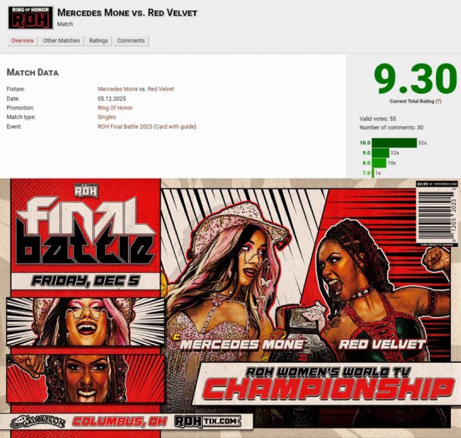 AllEliteBR's tweet image. Mercedes Moné vs Red Velvet está avaliada em 9.30 atualmente no Cagematch

Tivemos uma grande exibição ontem no Final Battle 💰