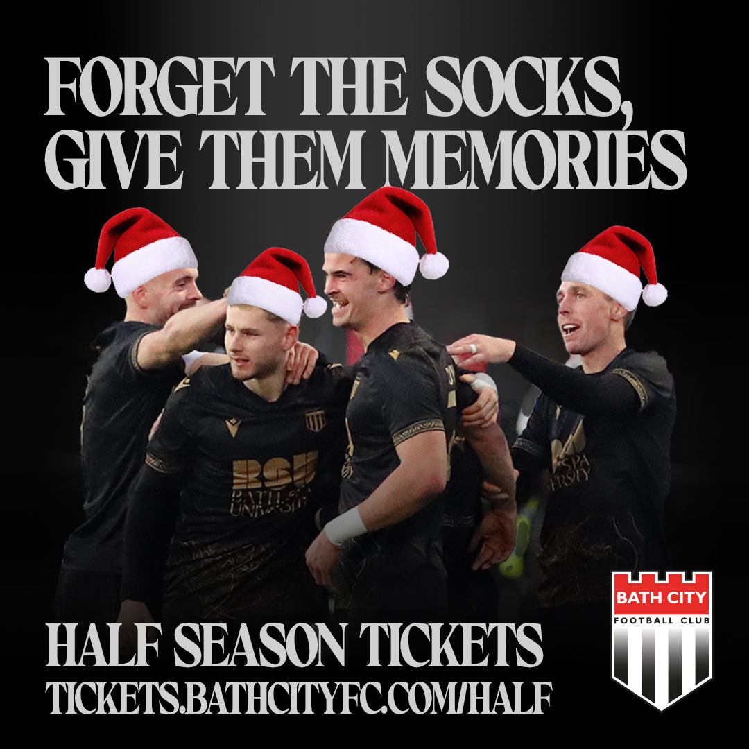 BathCity_FC's tweet photo. ๐ Struggling for a Christmas gift idea?
Buy them a Bath City Half Season Ticket.
Grab yours at https://t.co/vWZZkJ7mMN
โซ๏ธโช๏ธ #Romans | #ForgetTheSocks https://t.co/FOYZfTFMFA