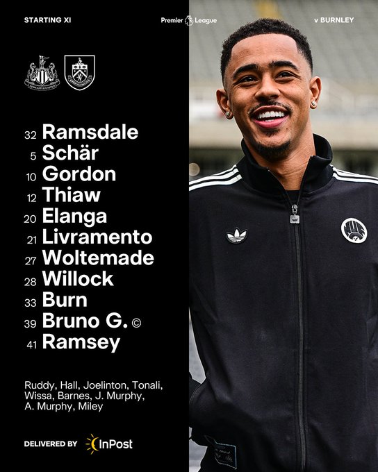 Newcastle United v Burnley: Ramsdale, Schär, Gordon, Thiaw, Elanga, Livramento, Woltemade, Willock, Burn, Bruno G., Ramsey