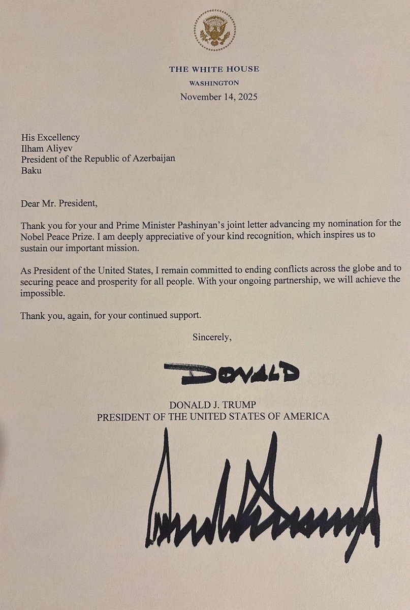 Amerika Birləşmiş Ştatlarının Prezidenti Donald Trampın Azərbaycan Respublikasının Prezidenti İlham Əliyevə təşəkkür məktubu