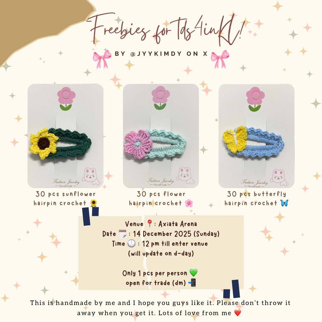 jyykimdy's tweet photo. freebies #TDS4inKL by @jyykimdy 𑣲₍ ᐢ. .ᐢ₎
  
 𐙚 HANDMADE HAIRPIN CROCHET ᥫ᭡.
 
📍Axiata Arena
🗓️14th Dec 2025
⏰12 pm - enter venue (will update on dday)

• like &amp; rt
• find me on d-day
• say hi 🤗
• limited quantity (fcfs)
• open for trade (only 10 each design) https://t.co/nbBJpzcizD
