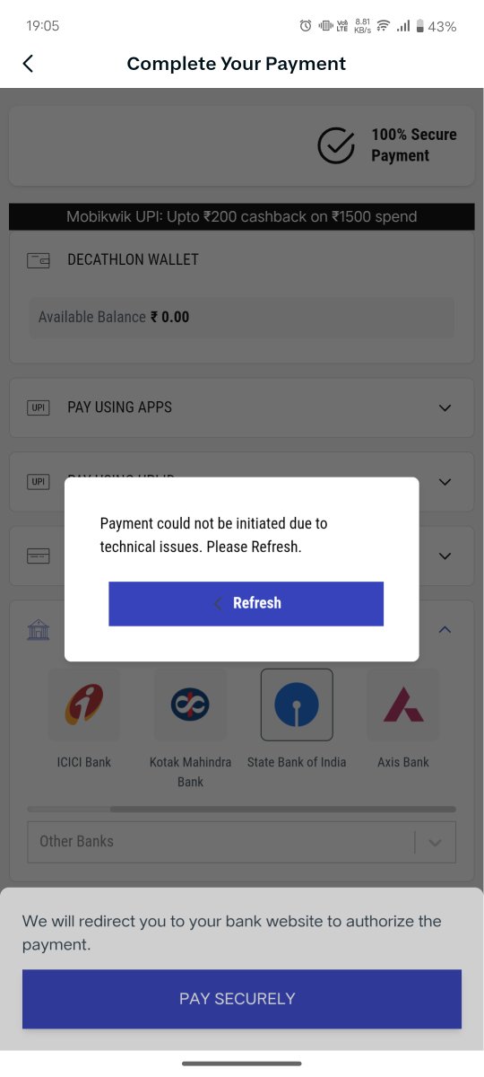 nutharsh's tweet photo. @Decathlon decathlon india has built one of the shittiest online experience of all. Their payment flow is a mess. App team might be on holidays.Overall, its a 3rd class app with no customer empathy. Get you shit together for god sake!!! https://t.co/qVSl0reY5b