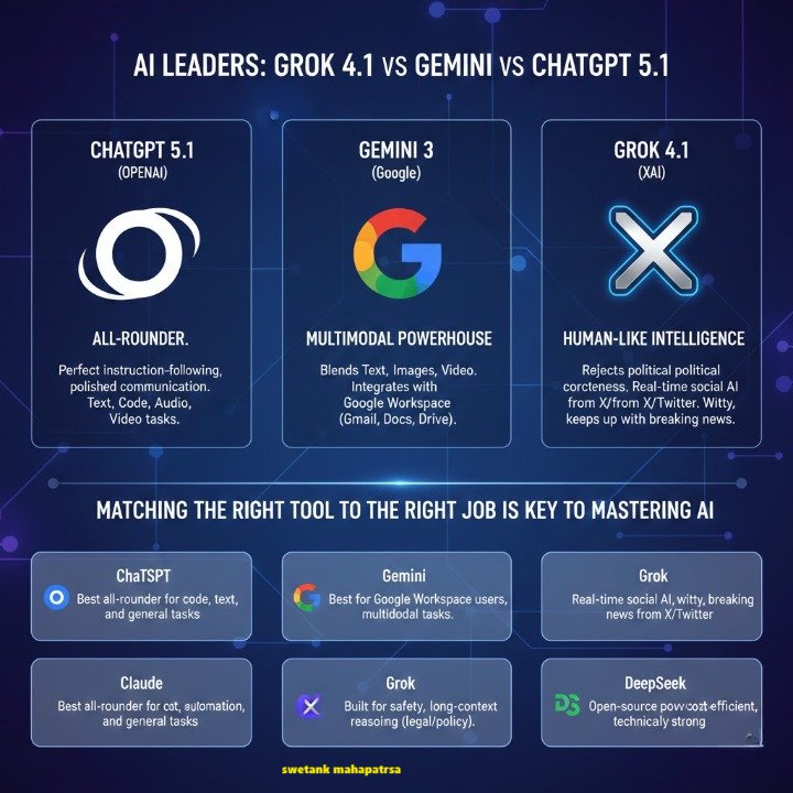 swetankm's tweet photo. Grok 4.1 VS Gemini 3 VS ChatGPT 5.1

#AIBattle  #LLMs #GenerativeAI #AITools #AIComparison #Grok4 #Gemini3 #ChatGPT5 #MultimodalAI #EmotionalAI #WorkspaceAI #AjithKumarRacing #SantRampalJiMaharaj #TelanganaLovesPawanKalyan

Search @ https://t.co/y6rcVprDD4 https://t.co/T3fYT6KWZW