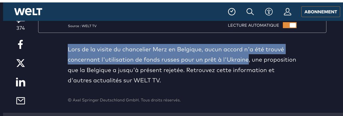 Welt (quotidien allemand de référence, centre-droit) : Aucun accord sur le vol des assets russes en Belgique suite à la visite de Merz à Bruxelles hier vendredi.

Welt (leading German daily newspaper, center-right): No agreement on the theft of Russian assets in Belgium following