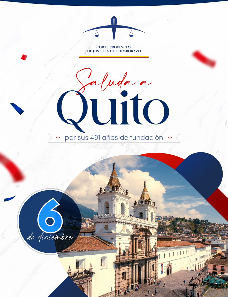 #FundaciónDeQuito

La <a href="/CorteChimborazo/">Corte Provincial de Justicia de Chimborazo</a> expresa su saludo a la capital de la República #Quito en sus  491 años de fundación. Que esta fecha nos inspire a seguir construyendo una capital más justa, segura y solidaria.

¡#VivaQuito! 🎉