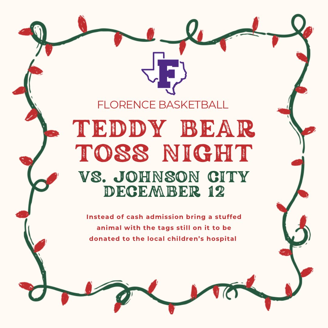 BUFF NATION, it’s Teddy Bear Toss Night! 

Instead of paying for admission, spectators can bring a new stuffed animal with the tags on to enter the game.

Between the varsity girls and boys games, we’ll announce for everyone to get their stuffed animals ready and toss them!
