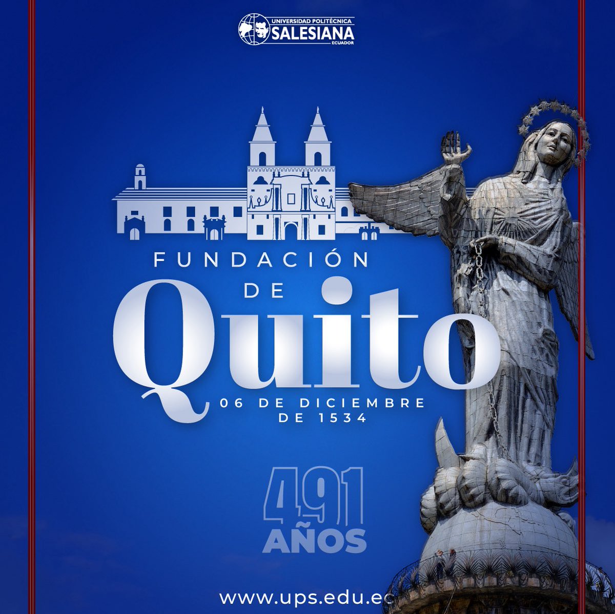 💙❤️💙 En este día nos unimos a la celebración por los 491 años de Fundación de San Francisco de #Quito, capital del #Ecuador, ciudad que destaca por su riqueza histórica, su diversidad cultural y su espíritu innovador.

🎓 Para la UPS, tener una de sus sedes en esta gran ciudad