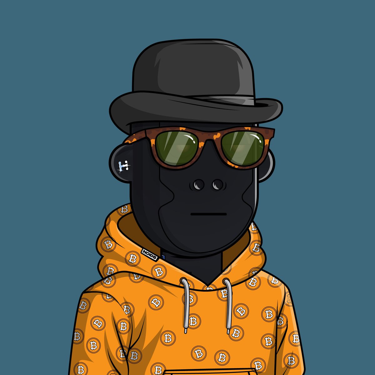 NOIDS#1294 This character gives off real silent-boss energy — the type who doesn’t talk much, but everyone knows better than to cross him. Behind those shades he’s always watching, missing nothing. The hat and the Bitcoin-patterned hoodie blend old-school swagger with modern