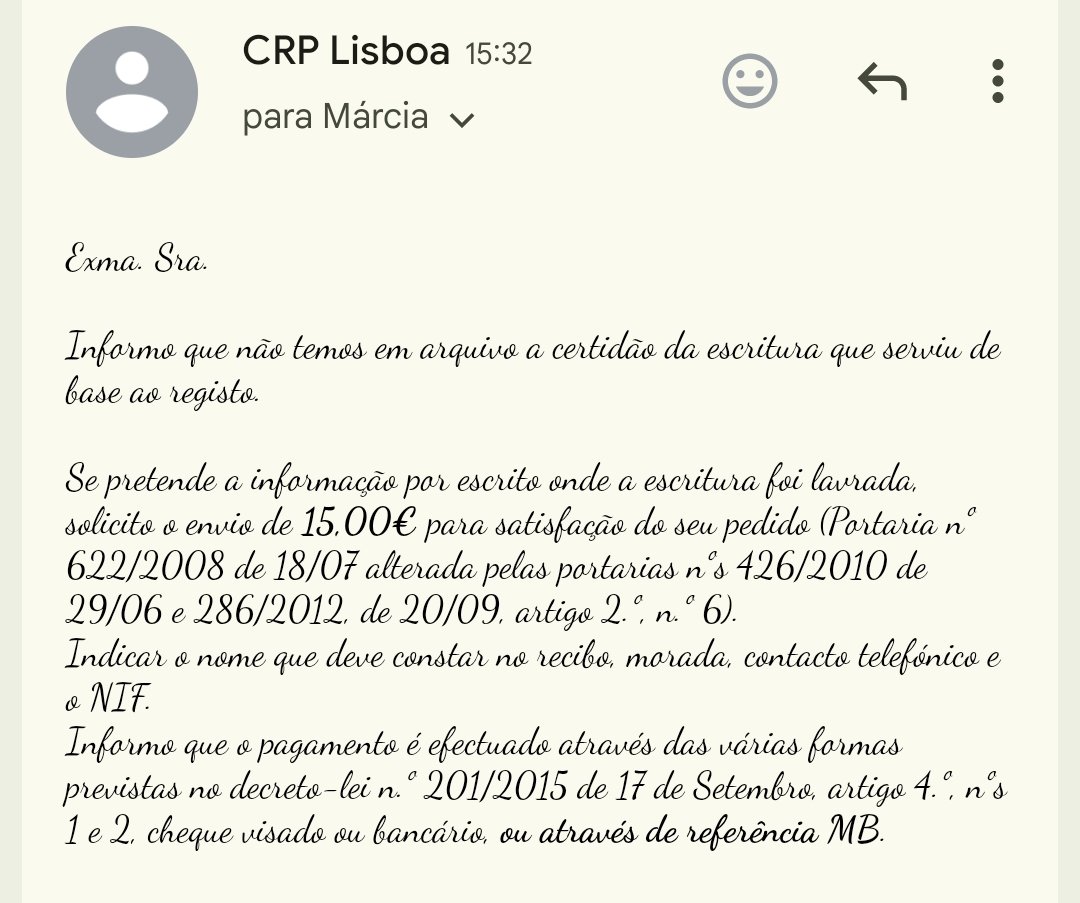 15€ por uma simples informação?!
A Conservatória pede 15€ só para dizer onde foi lavrada uma escritura.
Não é certidão, nem cópia do registo.
Não exige análise jurídica.
É uma linha de informação.
Depois admiram-se que as pessoas se sintam tratadas como “carteiras com pernas”.