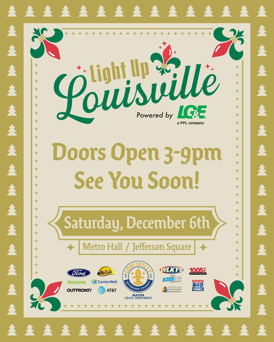 BIG DAY! Light Up Louisville powered by LG&amp;E is here! 

Join us at Jefferson Square Park to kick off the holiday season with this FREE event for the community! 

Enjoy local shopping at the Mistletoe Market, tasty bites in Frosty’s Food Court, live entertainment across 2 stages &amp;