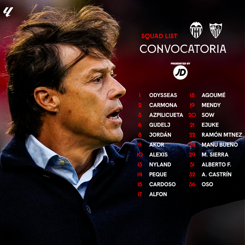 SevillaFC's tweet photo. 📜 CONVOCATORIA | 21 citados para el #ValenciaSevilla ⚪🔴​

#WeAreSevilla | #NuncaTeRindas