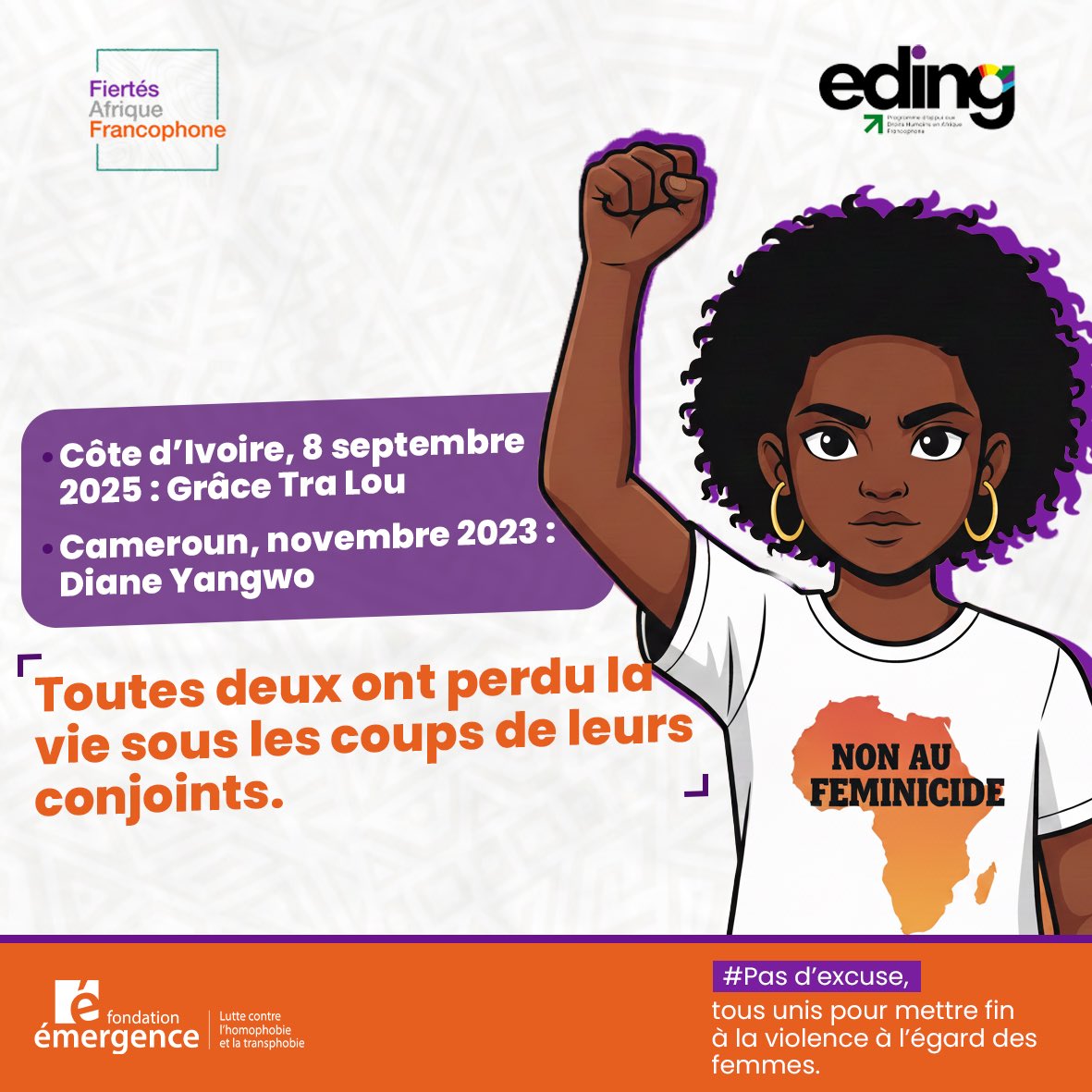 FierteAfrique's tweet photo. ⸻

#NOtoFemicide: women have the right to a relationship free from all forms of violence.
#NoExcuses
#16Days
📢 Let us unite to end violence against women.
@FierteAfrique 
@fondemergence https://t.co/oSZ7KQazUI