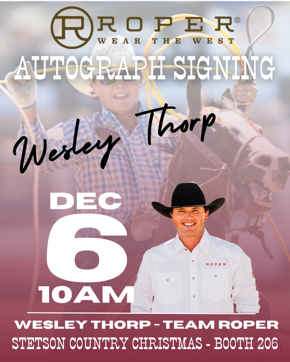Today’s Roper signings 🎯
🖊️ Wesley Thorp – 10AM @ SCC (Rio – Booth 206)
🖊️ Brittany Pozzi – 12PM @ LVCC (Booth 1903)
🖊️ Ryan Motes – 1PM @ LVCC (Booth 1903)
#Roper #NFR2025 #WearTheWest