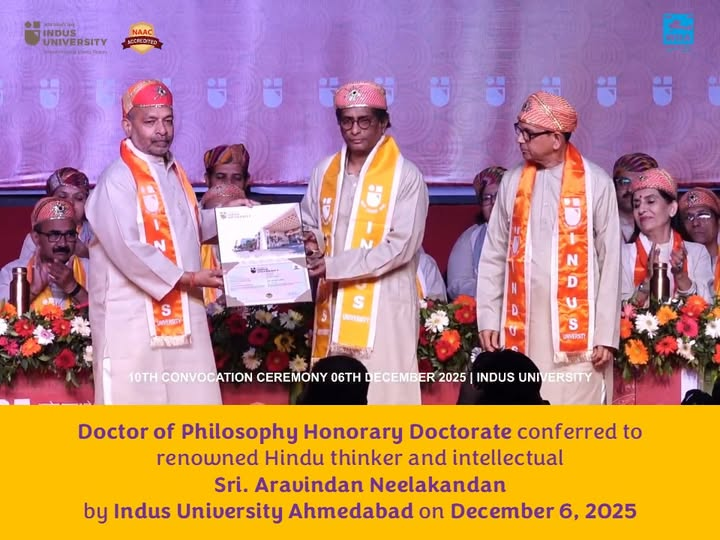 jataayu_b's tweet photo. It is heartening that dear friend, great thinker, author and selfless Hindu intellectual warrior Aravindan Neelakandan has been conferred Doctor of Philosophy Honorary Doctorate by Indus University, Ahmedabad. Congratulations to him. It is a matter of pride for all of us, his friends, admirers and well wishers.
Here is that moment in the Convocation ceremony that is still ongoing - https://t.co/tFxwTahwMi (time -21:56)

@SwarajyaMag @CIS_Indus @TheIndusUni