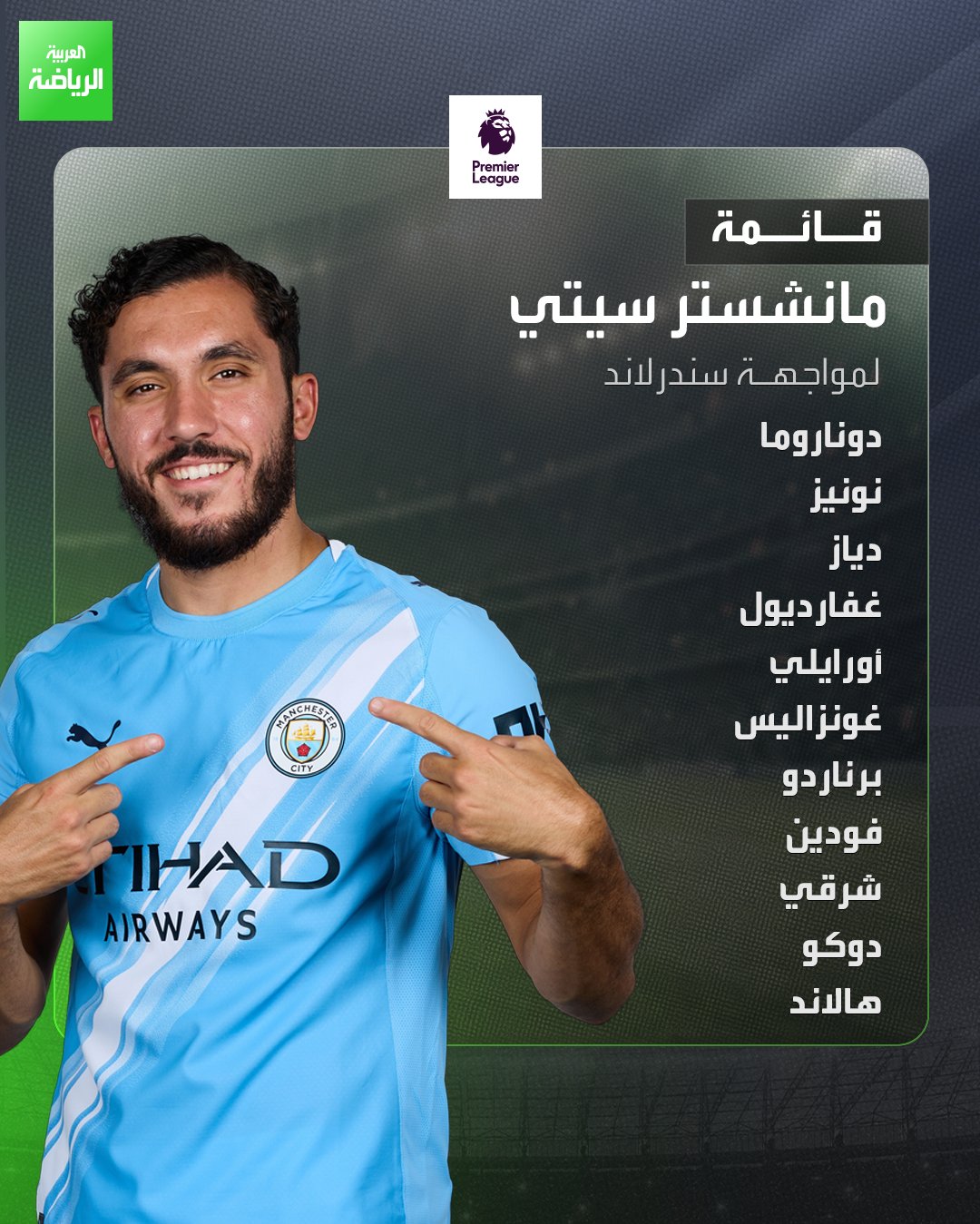 ريان شرقي يبدأ أساسياً في قائمة مانشستر سيتي لمواجهة سندرلاند بالدوري الإنجليزي 