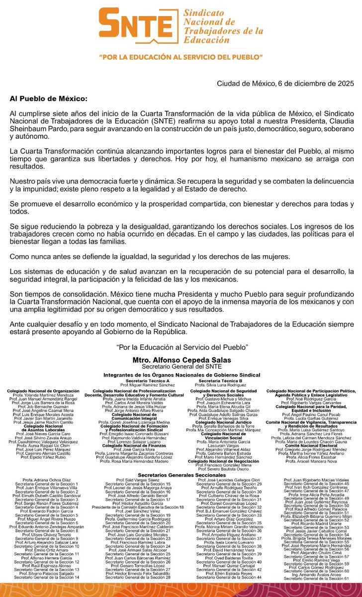 El #SNTE y su dirigente, Mtro. Alfonso Cepeda Salas, celebran #7años de la #CuartaTransformación, que trajo al Pueblo de México reducción de la pobreza y desigualdad, aumento en los ingresos de los trabajadores 👷‍♀️👨🏻‍🏭👩🏻‍🏫, defensa de los derechos de las mujeres 🚺, así como la
