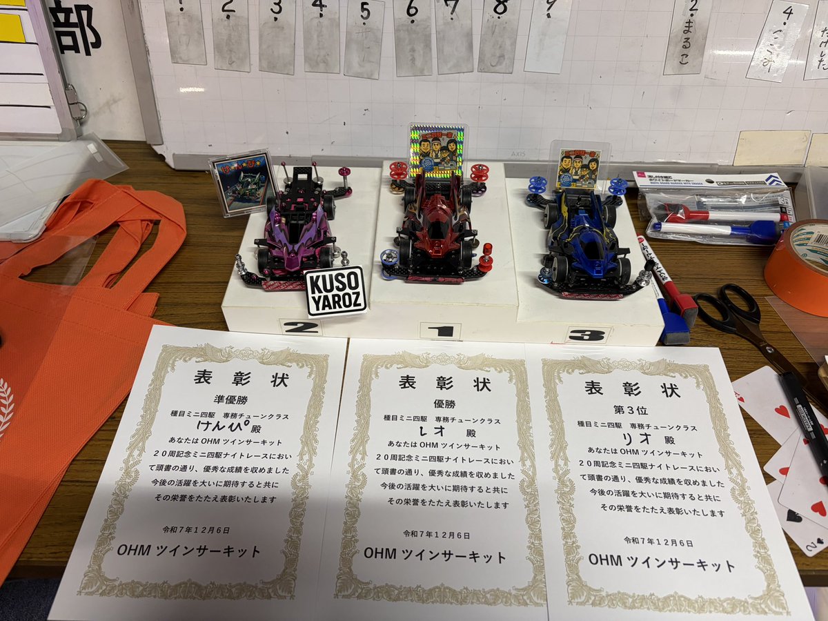 ohmツインサーキット
オープン20周年記念
ミニ四駆ナイトレース
チューンクラス
優勝レオくん🥇
準優勝けんぴくん🥈
3位リオくん🥉
ダッシュクラス
優勝ミヤタケさん🥇
準優勝かずぅさん🥈
3位オオノさん🥉