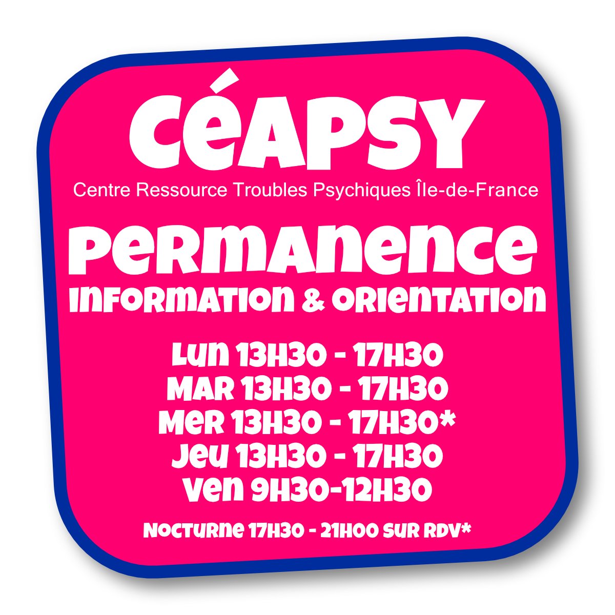 🧠📞La permanence du Céapsy informe et oriente aux horaires indiqués au 01 88 40 38 80 (nocturne du mercredi sur rendez-vous de 17h30 à 21h) et par mail : contact@ceapsy.org

▶️ow.ly/H3PE50O0sul

#troublespsychiques #santémentale <a href="/ffabtca/">FFAB 🟣 #NoMoreTCA</a> <a href="/ght_gpne/">GHT Grand Paris Nord-Est</a> <a href="/GHUMondor/">GHU APHP. Hôpitaux Universitaires Henri-Mondor</a>