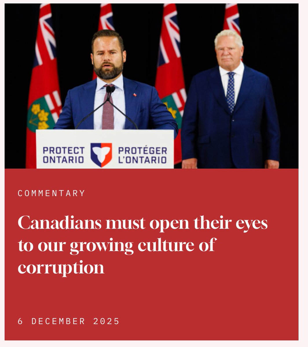 EricDLombardi's tweet photo. My latest for @TheHubCanada 

CANADIANS MUST OPEN THEIR EYES TO OUR GROWING CULTURE OF CORRUPTION. 

“Across all these examples, an unmistakable pattern emerges: the erosion of restraint. 

Canada has built a system where every pressure is answered with a new program, a new grant, a new intervention, a new procedure. Complexity accumulates. Discretion expands. Those with influence use it. But the public feels the consequences. 

Infrastructure is slowly built that costs far more than it should. Housing approvals take years instead of months. Businesses wait on permits rather than customers. A younger generation feels downwardly mobile. The population has a growing sense that government money is being used to manage political interests rather than create opportunity.

Corruption in Canada is not a handful of scandals. It is now a culture. A system of indulgence and avoidance that rewards extraction because no one is willing to confront the incentives that sustain it.”