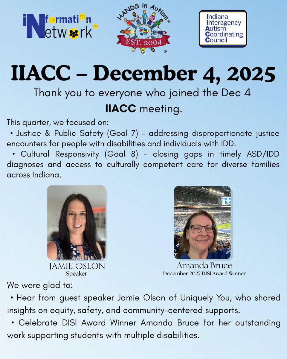HANDSinAutism's tweet photo. Grateful to everyone who joined the Dec 4 IIACC meeting
Stay tuned for more highlights from Goals 7 and 8.

#IIACC #HANDSInAutism #Autism #IDD #JusticeAndSafety #CulturalResponsivity #DisabilityAdvocacy #IndianaFamilies #DISIAward #IIACC #DisabilityInclusion #JusticeAndSafety https://t.co/xdkynetLg6