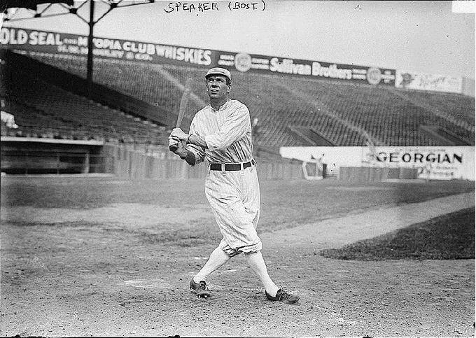 Tris Speaker at Fenway Park, 1912. He was the MVP that season, hitting .383 with 10 HR, 90 RBI and 52 SB.  He is considered one of the greatest offensive and defensive center fielders in history. Speaker holds the MLB career records for doubles (792), outfield assists (450), and