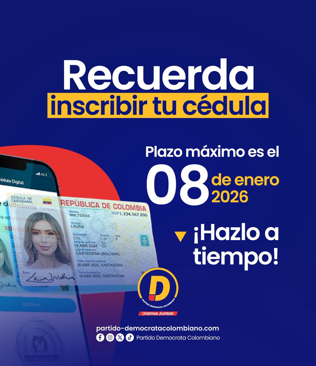Demócratas, llegó el momento de cumplir con lo esencial: inscribir la cédula y asegurar nuestra voz en las urnas. El plazo vence el 8 de enero de 2026.
 
No dejemos que otros decidan por nosotros.
¿Ya inscribiste la tuya? 🇨🇴🗳️