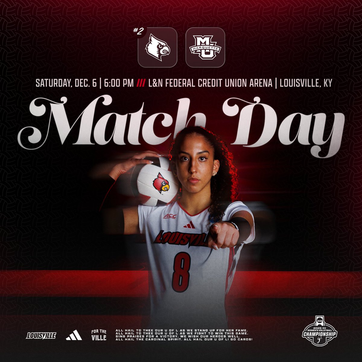 Round 2.

🆚 Marquette
🕕 6:00 pm ET
📍 L&amp;N Federal Credit Union Arena
📺 ESPN+
📊 uofl.me/3YbOt45
💻 uofl.me/3YbyBP7

#GoCards
