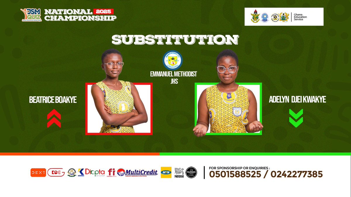 Substitution!

Adeline Djei Kwakye replaces Beatrice Boakye for Emmanuel Methodist JHS.

#JSMQNationals #JSMQFinal #JSMQ2025