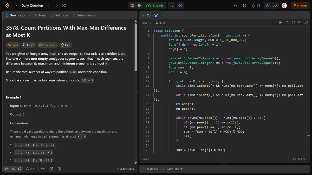 Aditya_Ch_20's tweet image. LeetCode daily done!🔥

Count Partitions With Max-Min Difference at Most K
• Sliding window + two deques for max/min
• Prefix DP to count valid partitions

Streak: 98 days — consistency &amp;gt; mood😄

#LeetCode #DSA #DynamicProgramming #SlidingWindow #Java #100DaysOfCode