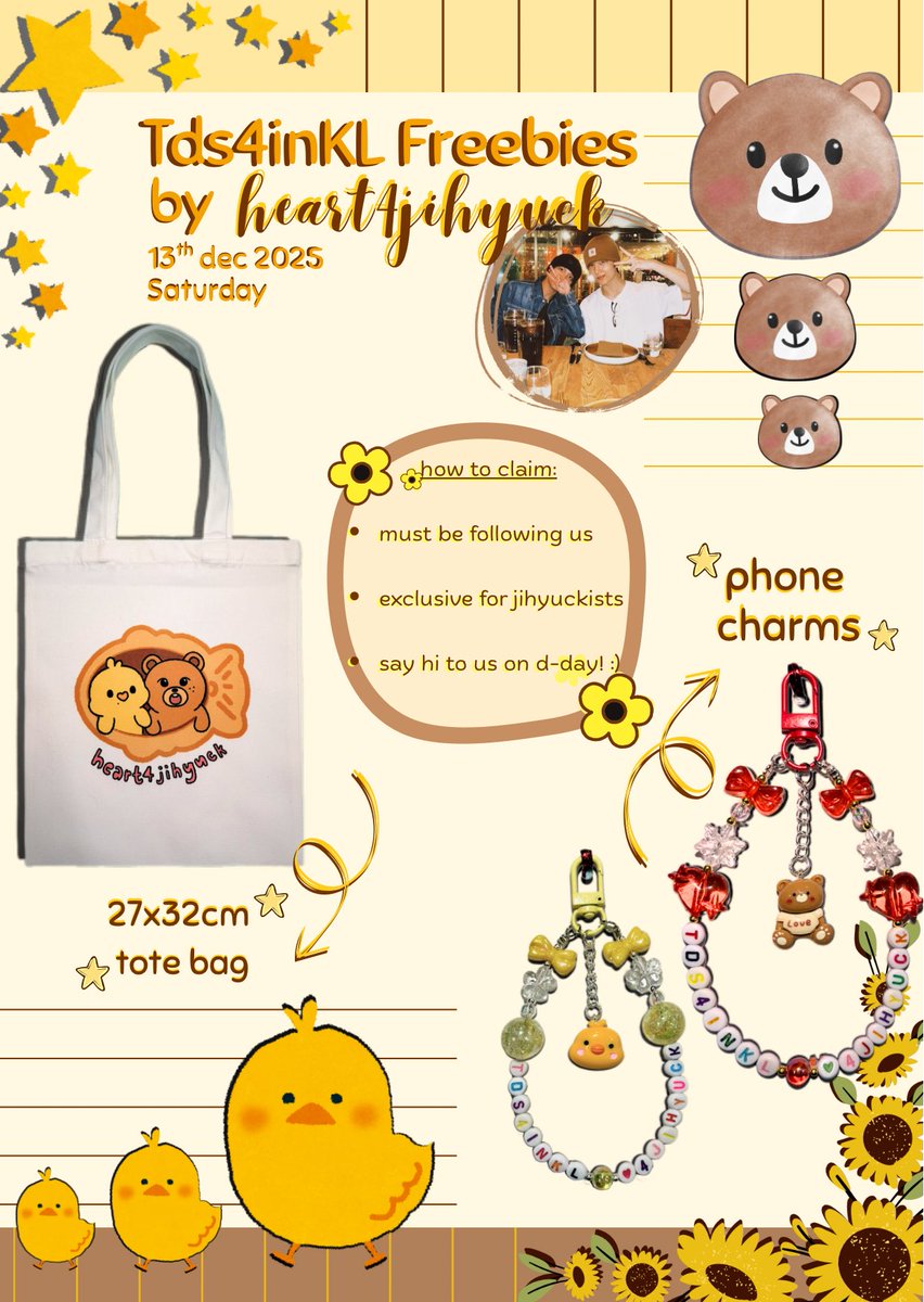 heart4jihyuck's tweet image. freebies #TDS4inKL —— by heart4jihyuck 🐻🐤
  
each person gets:

• 27x32cm tote bag
• phone charm

how to claim? 🌻💫
• exclusive for sunflower-asteroids 
• must be following us!
• say hi to me on d-day :)
• limited quantity - (fcfs)

📍Axiata Arena, 13th Dec (Saturday)
