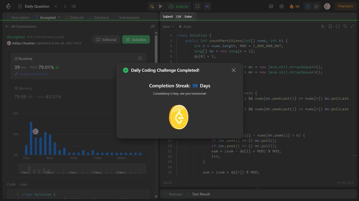 Aditya_Ch_20's tweet image. LeetCode daily done!🔥

Count Partitions With Max-Min Difference at Most K
• Sliding window + two deques for max/min
• Prefix DP to count valid partitions

Streak: 98 days — consistency &amp;gt; mood😄

#LeetCode #DSA #DynamicProgramming #SlidingWindow #Java #100DaysOfCode