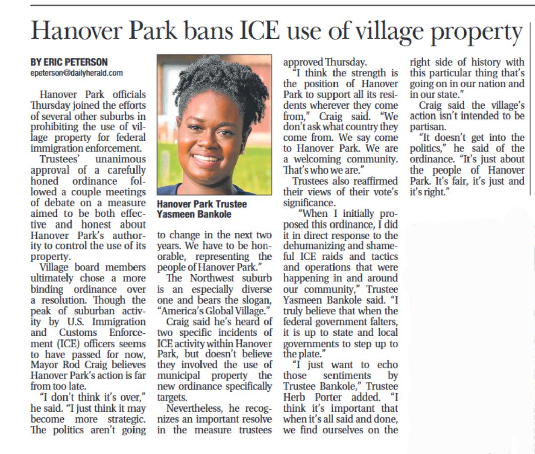 Earlier this week, my ordinance banning ICE from Village-owned property passed! 🎉

I don't just talk about being a fighter, I actually am one and work hard to get things done. You can expect the same fire and drive out of me in the halls of Congress.

#HanoverPark #Congress
