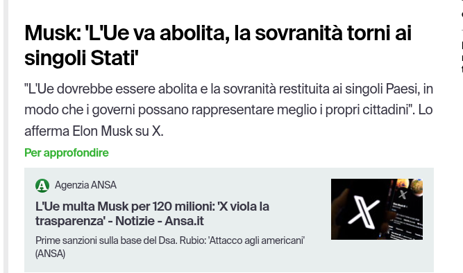 Sono d'accordo con #Musk: l'#UE va polverizzata.
La sovranità torni agli Stati in un ottica di leale e futura cooperazione.
Basta #eurodittatura.