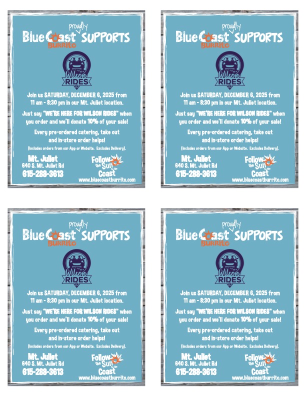 WilsonRidesInc's tweet photo. Join Us At Blue Coast Burrito Today 🚙- [Campaign URL]
Fundraiser for WR Holiday Happiness Delivered https://t.co/vHFljOHCu7