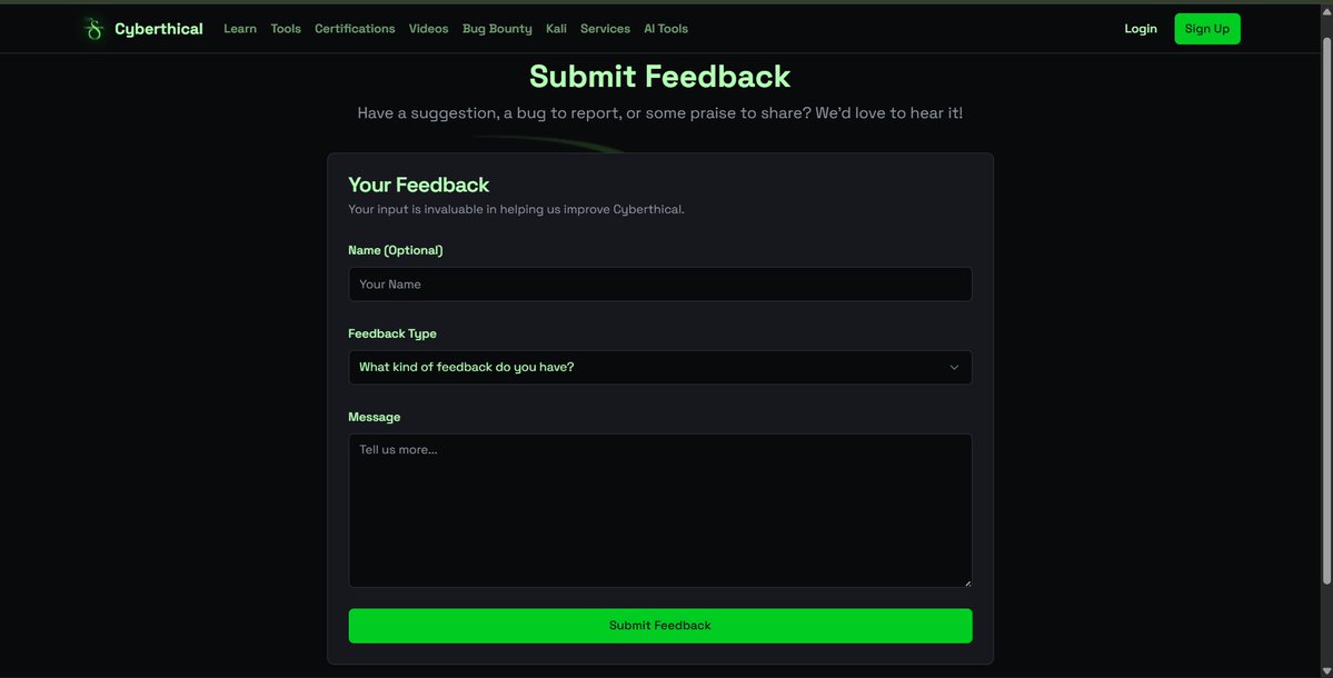 shubh__coding's tweet image. Your feedback shapes this platform. Drop your thoughts! 👇
🔗 cyberthical.com/feedback
P.S. If you like how I build, I’m #OpenToWork and ready to join your team. 🤝

#Cyberthical #WebDev #InfoSec #BuildInPublic