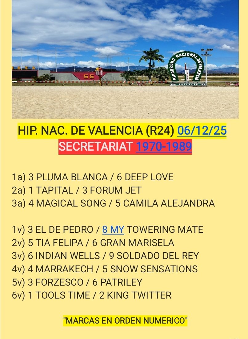 Buenas dias amigos hipicos.
Les comparto mi sugerencia para la jornada del Sab 061225 (R24)
🇻🇪 Hip Nac de Valencia 🇻🇪
"A ligar con Armonia y Positivismo"
💵EXITO Y FORTUNA P/TODOS💵
Mi Canal 👇
t.me/SECRETARIAT197…
Gracias por el apoyo 💛🔂RT
#Hinava #HINAVA
#5y6
#Hipismo